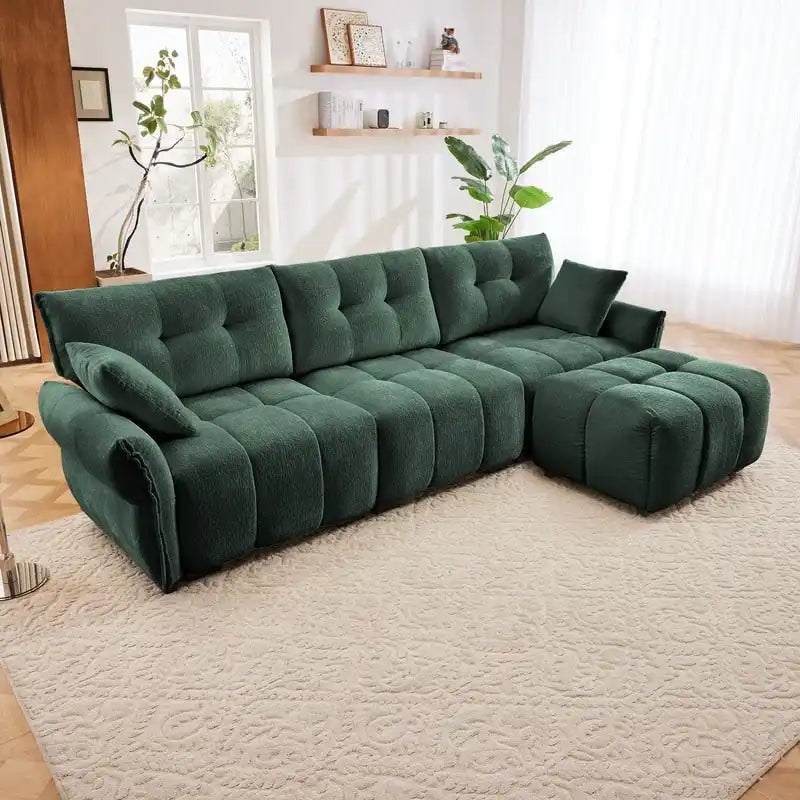 Divano a 3 posti in ciniglia blu/verde/arancione bruciato/bianco con pouf