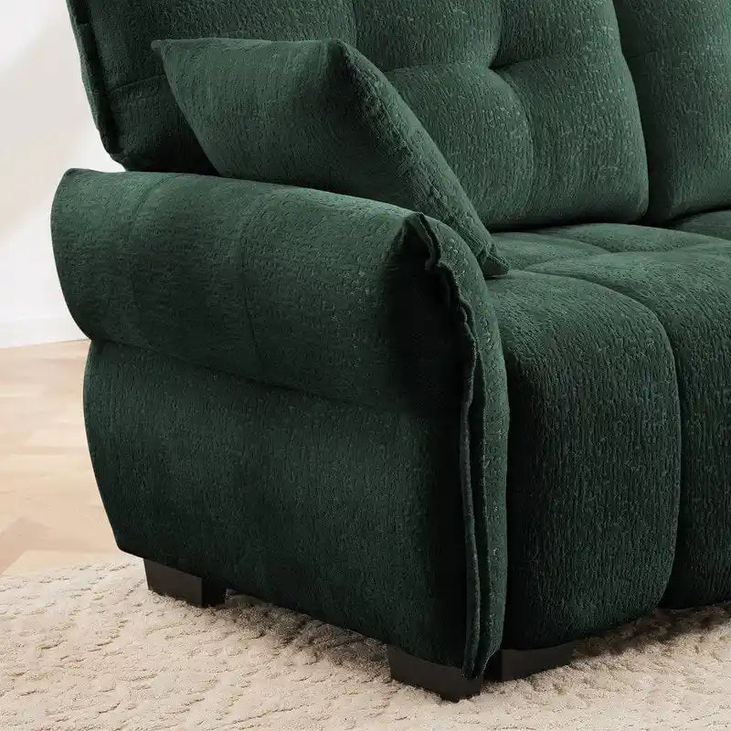 Divano a 3 posti in ciniglia blu/verde/arancione bruciato/bianco con pouf