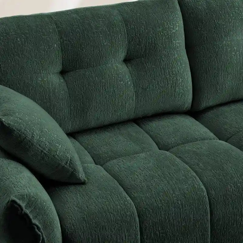 Divano a 3 posti in ciniglia blu/verde/arancione bruciato/bianco con pouf