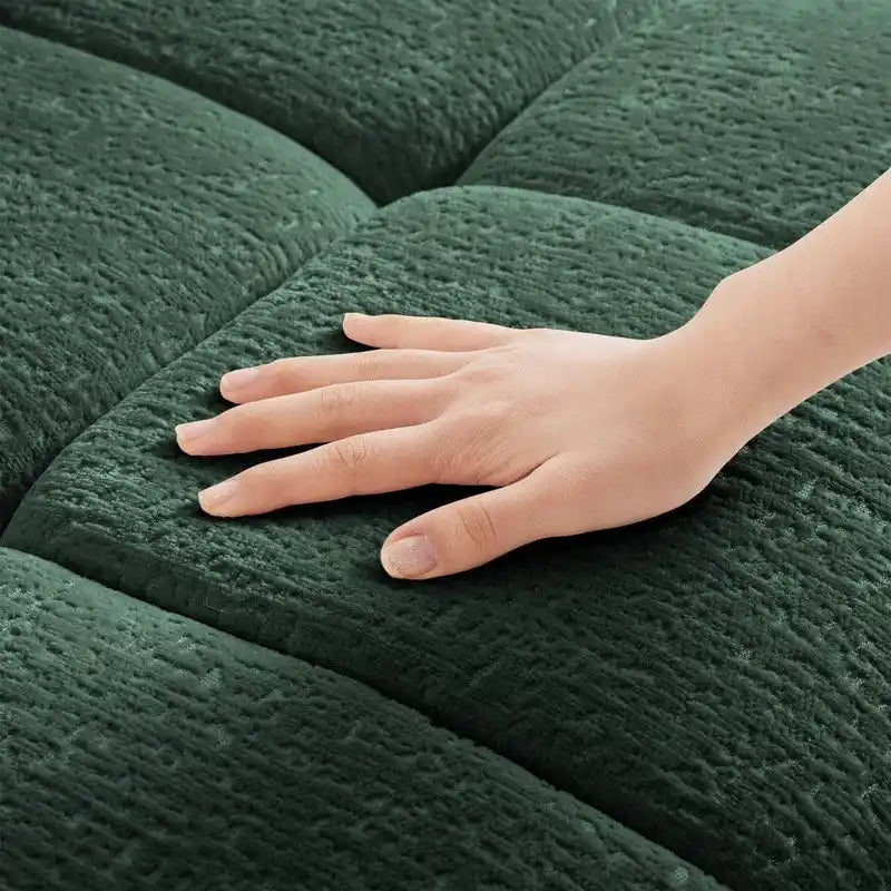 Divano a 3 posti in ciniglia blu/verde/arancione bruciato/bianco con pouf