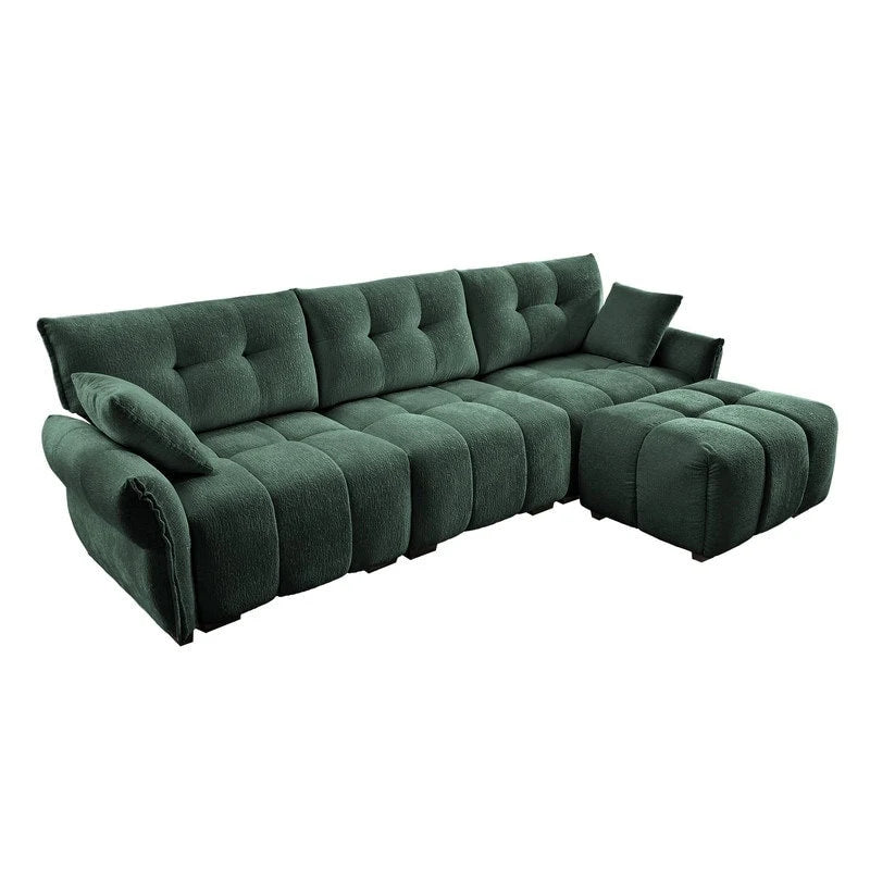 Divano a 3 posti in ciniglia blu/verde/arancione bruciato/bianco con pouf