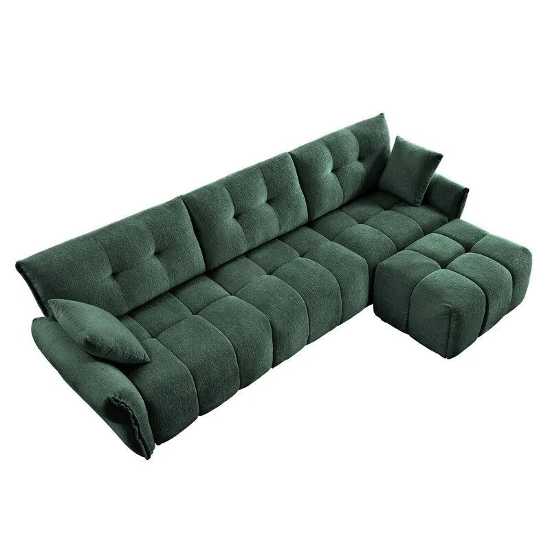 Divano a 3 posti in ciniglia blu/verde/arancione bruciato/bianco con pouf
