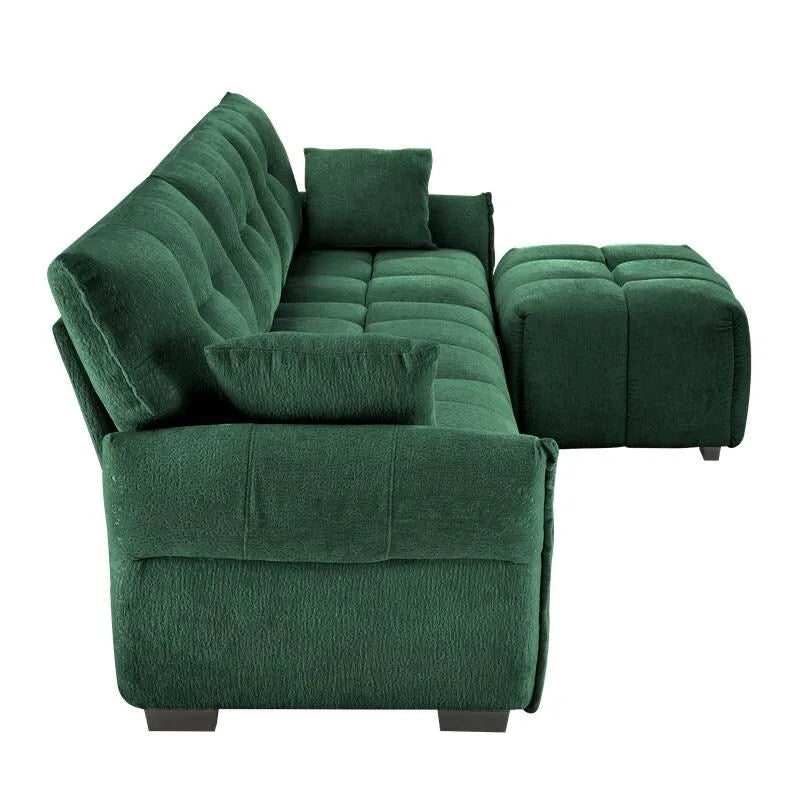 Divano a 3 posti in ciniglia blu/verde/arancione bruciato/bianco con pouf