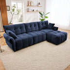 Divano a 3 posti in ciniglia blu/verde/arancione bruciato/bianco con pouf