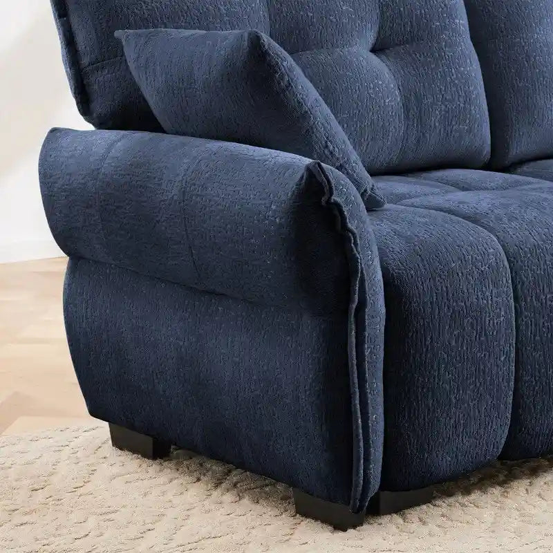 Divano a 3 posti in ciniglia blu/verde/arancione bruciato/bianco con pouf