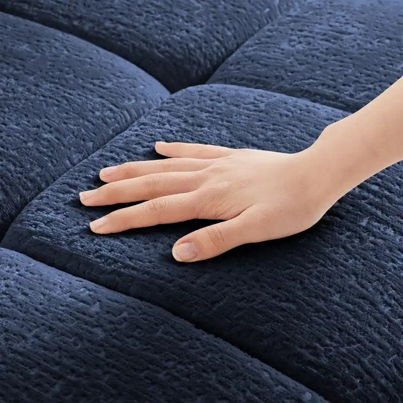 Divano a 3 posti in ciniglia blu/verde/arancione bruciato/bianco con pouf
