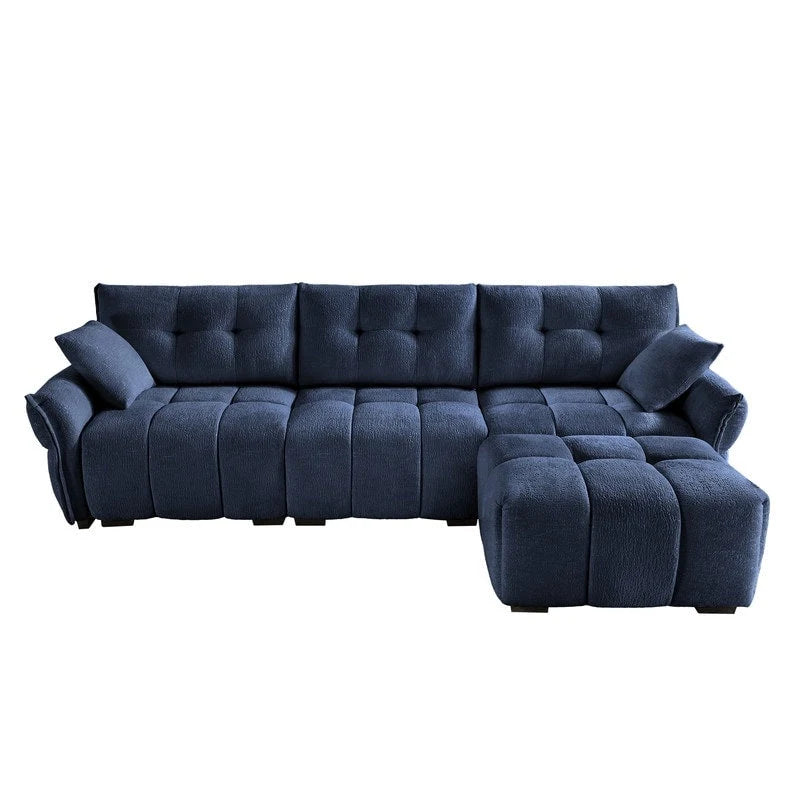 Divano a 3 posti in ciniglia blu/verde/arancione bruciato/bianco con pouf