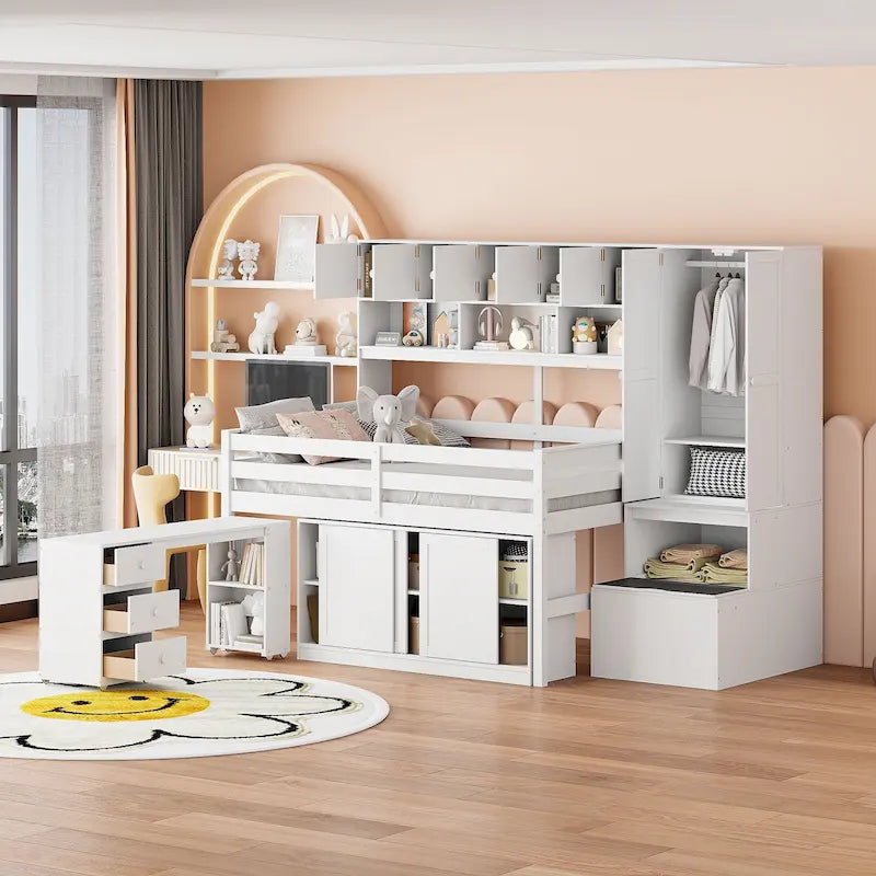Letto a soppalco full size bianco/grigio con scrivania, cassetti e mensole, montaggio da 2 persone
