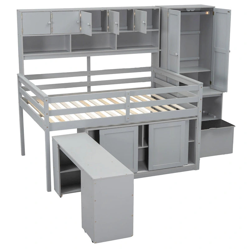 Letto a soppalco full size bianco/grigio con scrivania, cassetti e mensole, montaggio da 2 persone