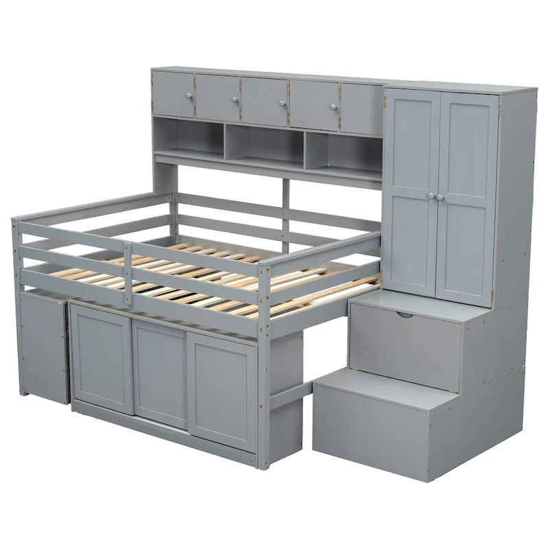 Letto a soppalco full size bianco/grigio con scrivania, cassetti e mensole, montaggio da 2 persone