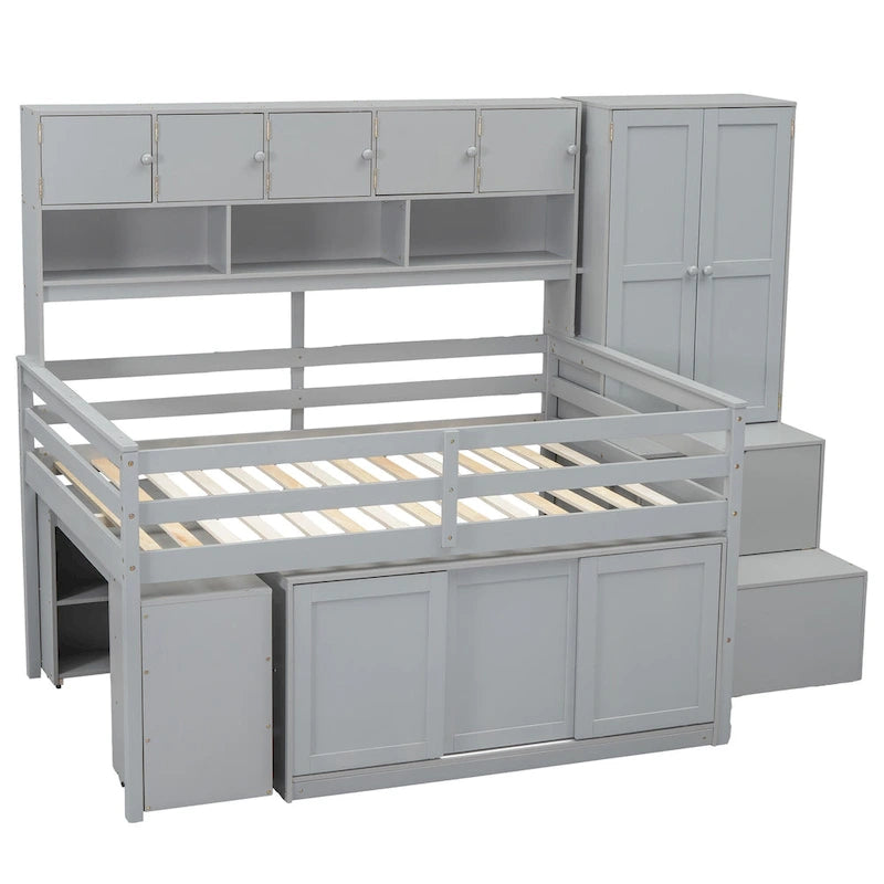 Letto a soppalco full size bianco/grigio con scrivania, cassetti e mensole, montaggio da 2 persone