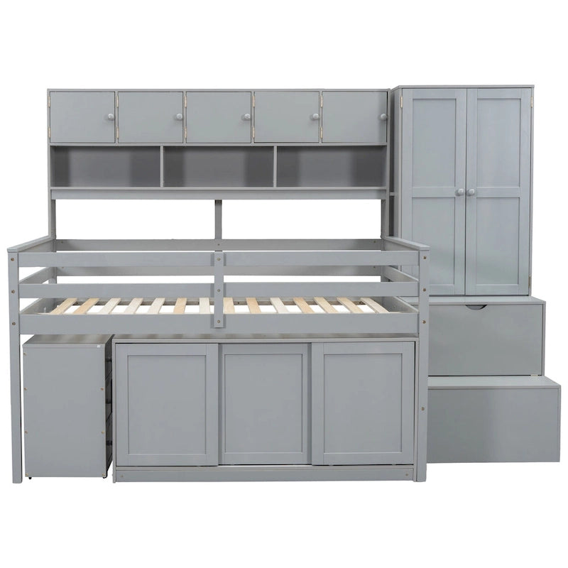 Letto a soppalco full size bianco/grigio con scrivania, cassetti e mensole, montaggio da 2 persone