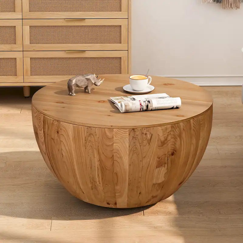 Tavolino da Caffè in Stile Botte in Legno Naturale con Contenitore, Singolo