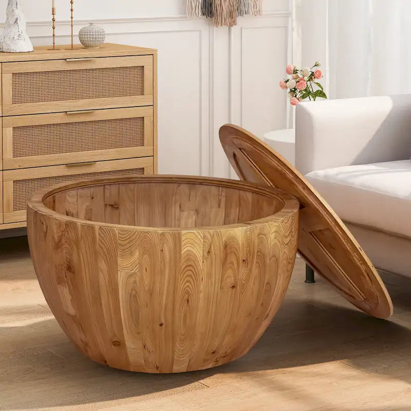 Tavolino da Caffè in Stile Botte in Legno Naturale con Contenitore, Singolo