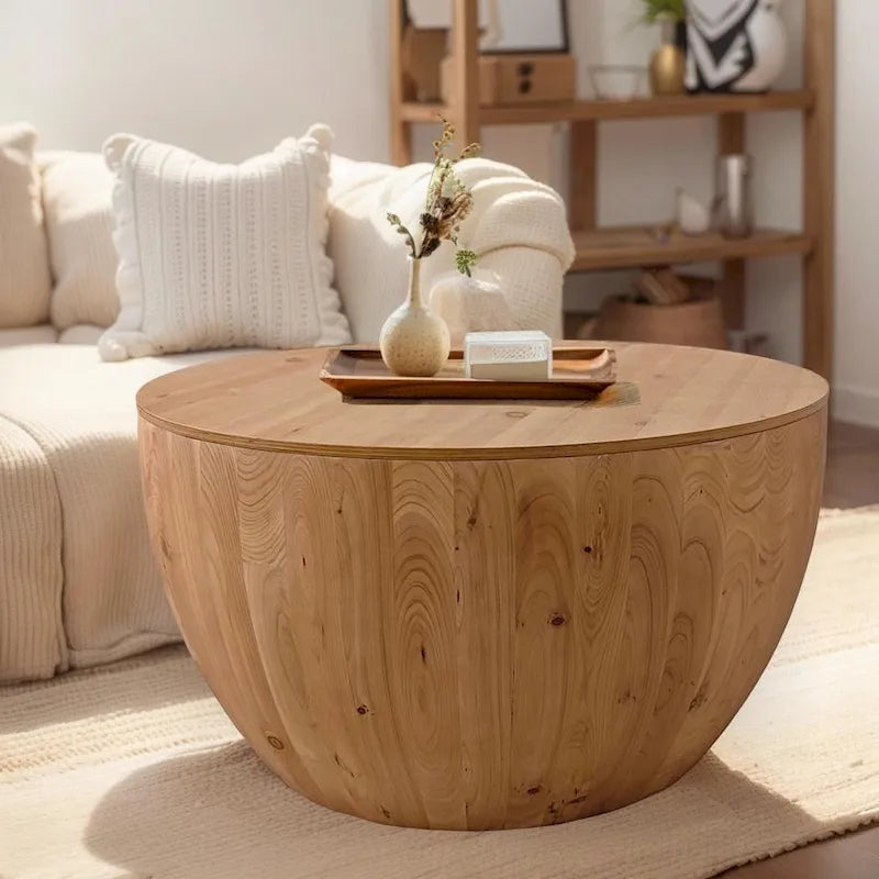 Tavolino da Caffè in Stile Botte in Legno Naturale con Contenitore, Singolo