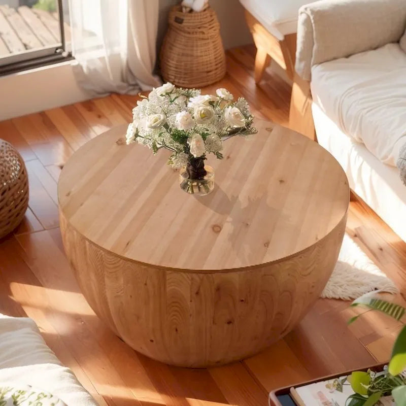 Tavolino da Caffè in Stile Botte in Legno Naturale con Contenitore, Singolo