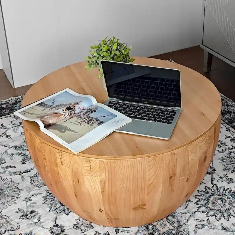 Tavolino da Caffè in Stile Botte in Legno Naturale con Contenitore, Singolo