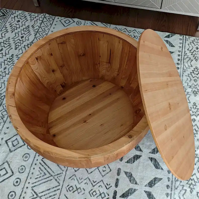 Tavolino da Caffè in Stile Botte in Legno Naturale con Contenitore, Singolo