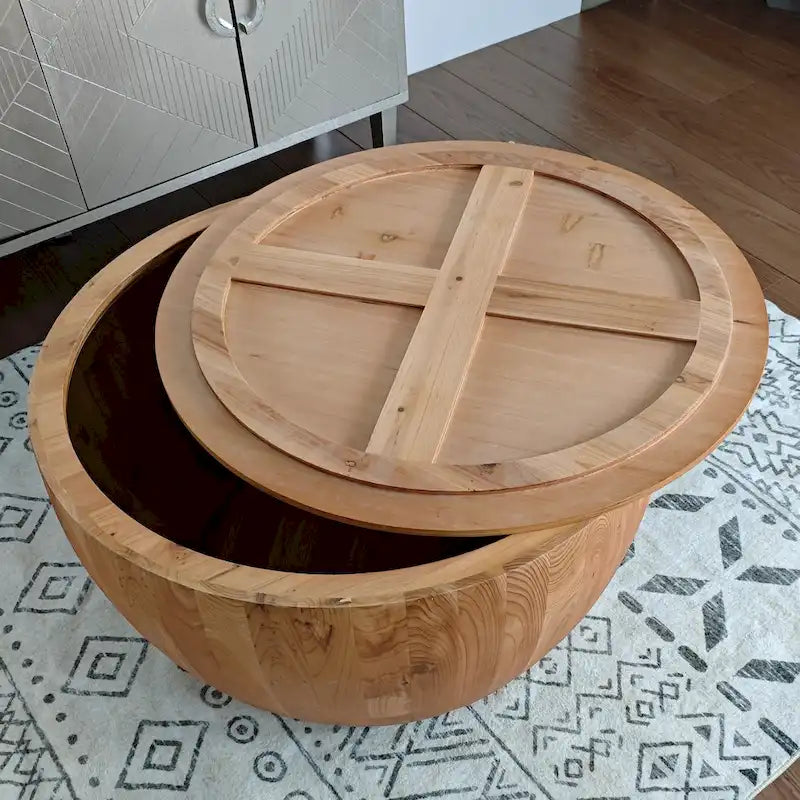 Tavolino da Caffè in Stile Botte in Legno Naturale con Contenitore, Singolo