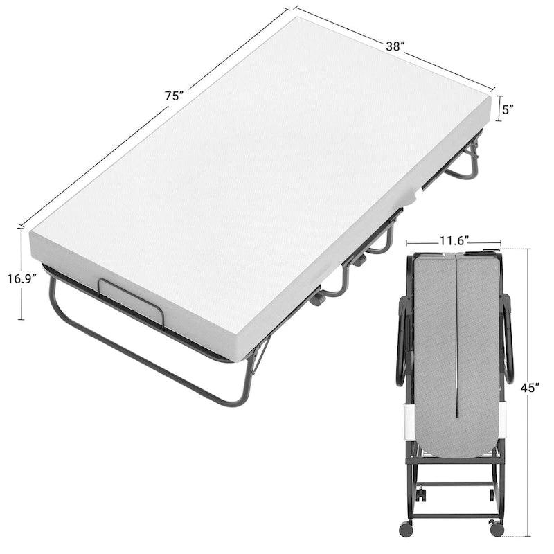 Letto Pieghevole a Scomparsa Grigio Nero con Materasso in Memory Foam da 12,7 cm, Singolo (1 Persona)