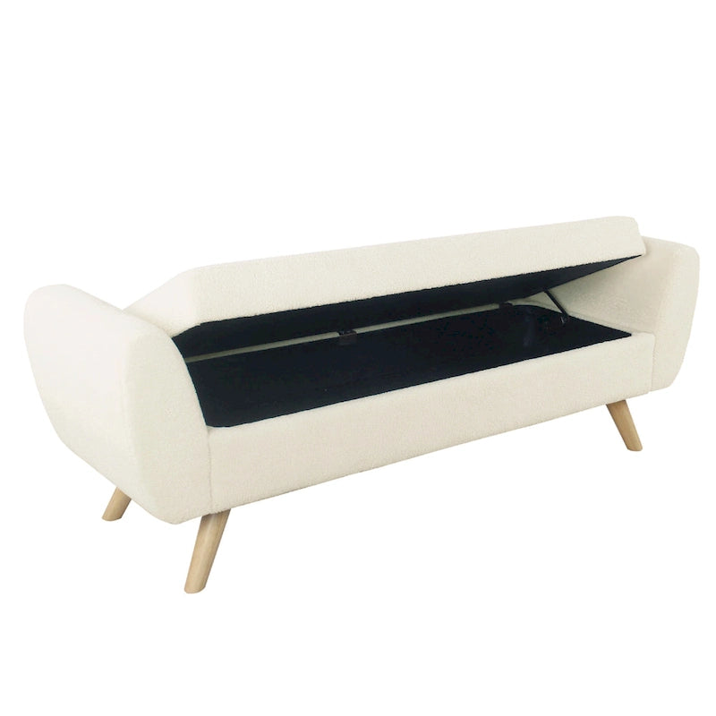 Panca Contenitore/Poggiapiedi in Sherpa Color Crema con Braccioli, Gambe Marrone Naturale, 152 cm – 1 Posto a Sedere