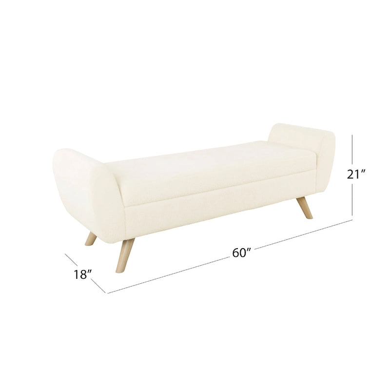 Panca Contenitore/Poggiapiedi in Sherpa Color Crema con Braccioli, Gambe Marrone Naturale, 152 cm – 1 Posto a Sedere