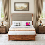 Letto a piattaforma Queen marrone grigio con testiera in lino, luci LED e ricarica USB