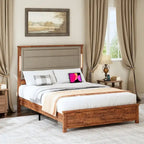 Letto a piattaforma Queen marrone grigio con testiera in lino, luci LED e ricarica USB