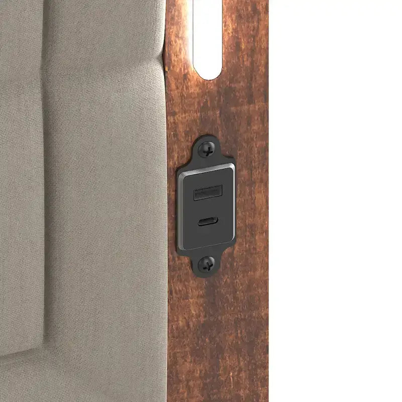 Letto a piattaforma Queen marrone grigio con testiera in lino, luci LED e ricarica USB