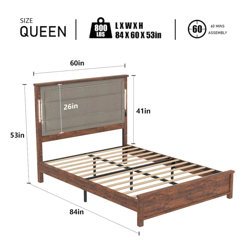 Letto a piattaforma Queen marrone grigio con testiera in lino, luci LED e ricarica USB
