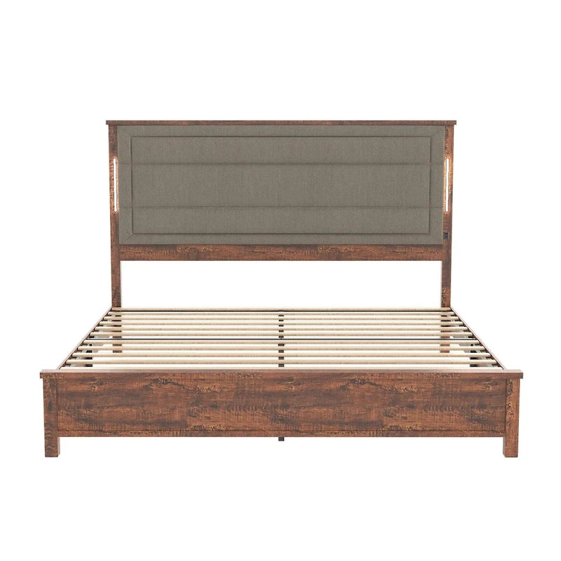 Letto a piattaforma Queen marrone grigio con testiera in lino, luci LED e ricarica USB