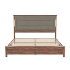 Letto a piattaforma Queen marrone grigio con testiera in lino, luci LED e ricarica USB