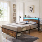 Letto a piattaforma Queen marrone e nero con luci a LED, testiera in legno e cassetti portaoggetti (1 persona)
