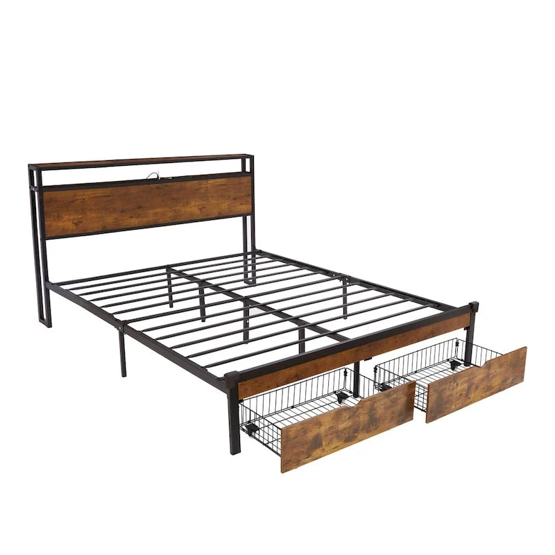 Letto a piattaforma Queen marrone e nero con luci a LED, testiera in legno e cassetti portaoggetti (1 persona)