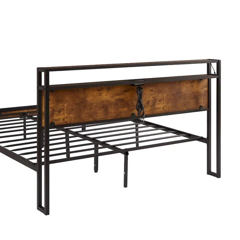 Letto a piattaforma Queen marrone e nero con luci a LED, testiera in legno e cassetti portaoggetti (1 persona)
