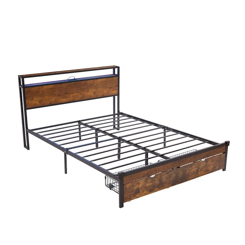 Letto a piattaforma Queen marrone e nero con luci a LED, testiera in legno e cassetti portaoggetti (1 persona)