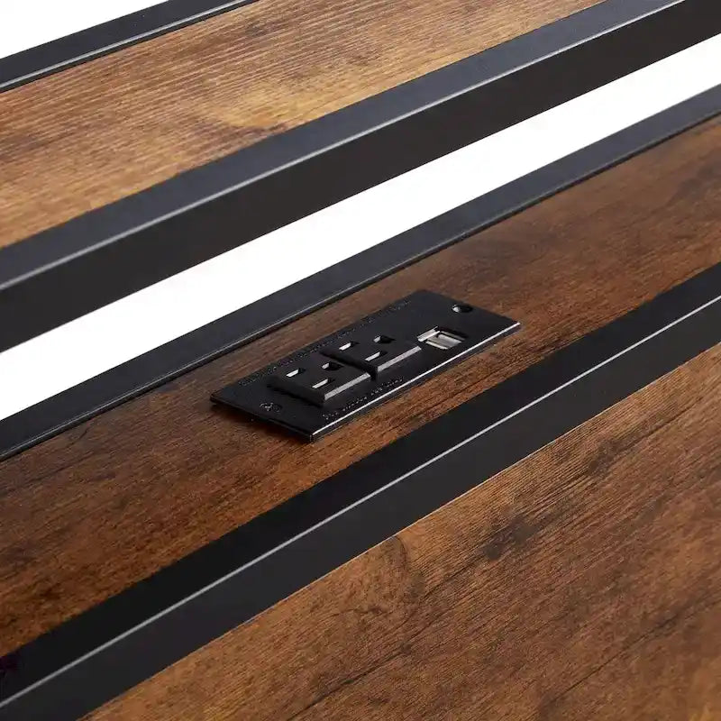Letto a piattaforma Queen marrone e nero con luci a LED, testiera in legno e cassetti portaoggetti (1 persona)