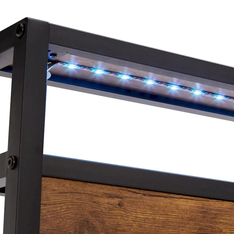 Letto a piattaforma Queen marrone e nero con luci a LED, testiera in legno e cassetti portaoggetti (1 persona)
