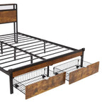 Letto a piattaforma Queen marrone e nero con luci a LED, testiera in legno e cassetti portaoggetti (1 persona)