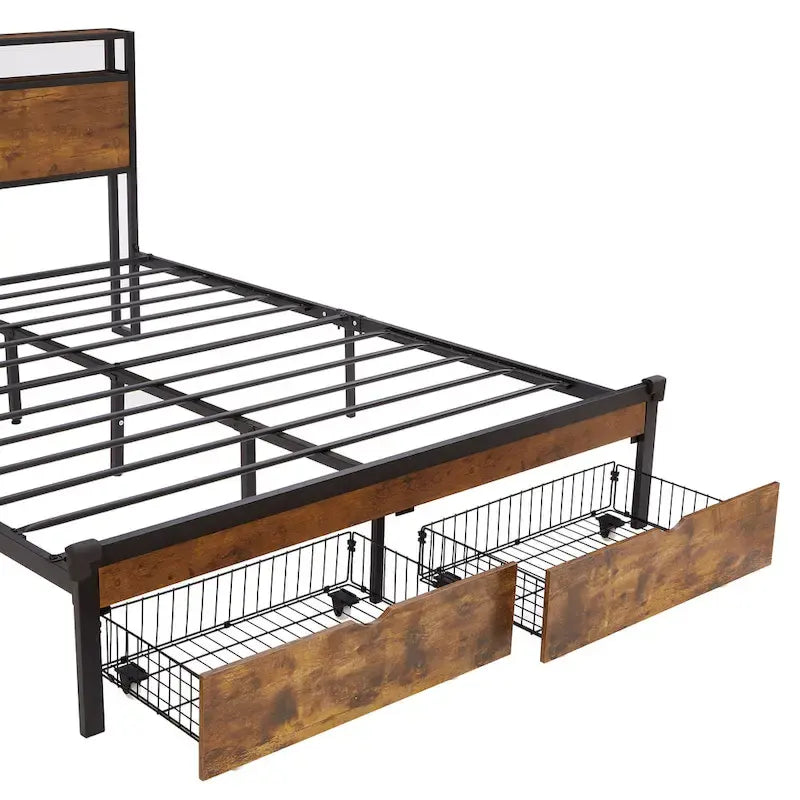 Letto a piattaforma Queen marrone e nero con luci a LED, testiera in legno e cassetti portaoggetti (1 persona)