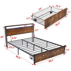 Letto a piattaforma Queen marrone e nero con luci a LED, testiera in legno e cassetti portaoggetti (1 persona)
