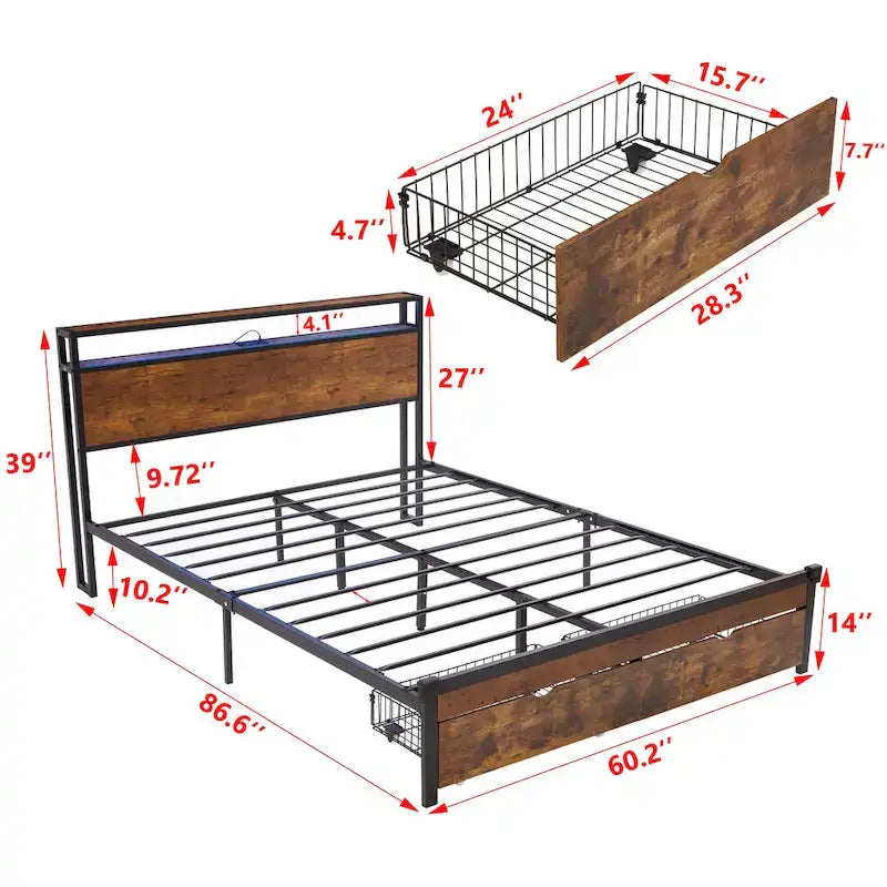 Letto a piattaforma Queen marrone e nero con luci a LED, testiera in legno e cassetti portaoggetti (1 persona)