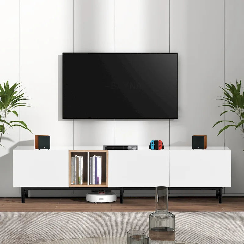 Mobile TV Bianco/Legno Naturale con Ante a Ribalta, Adatto a TV Fino a 80", Per 1-2 Utenti