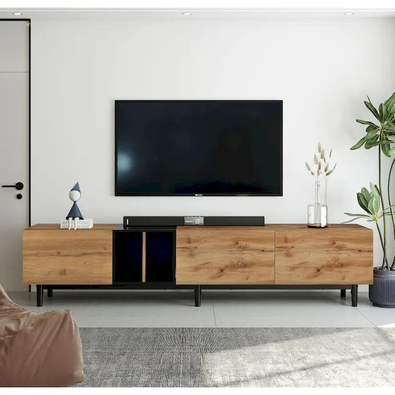 Mobile TV Bianco/Legno Naturale con Ante a Ribalta, Adatto a TV Fino a 80", Per 1-2 Utenti