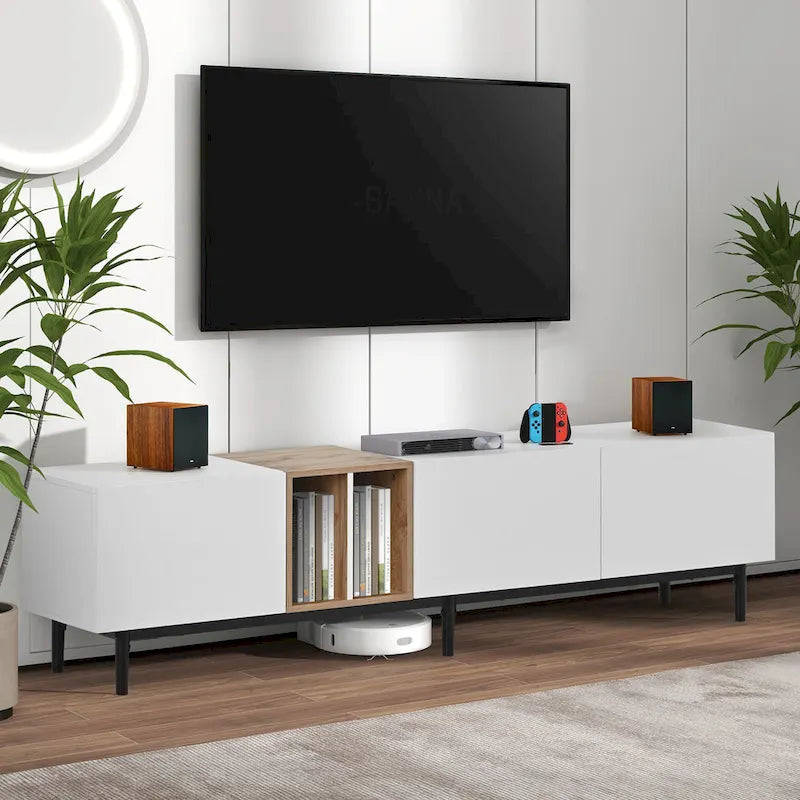 Mobile TV Bianco/Legno Naturale con Ante a Ribalta, Adatto a TV Fino a 80", Per 1-2 Utenti