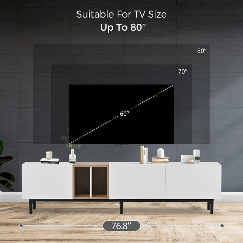 Mobile TV Bianco/Legno Naturale con Ante a Ribalta, Adatto a TV Fino a 80", Per 1-2 Utenti