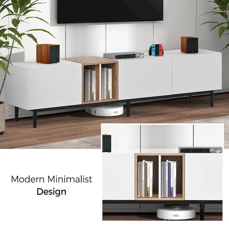 Mobile TV Bianco/Legno Naturale con Ante a Ribalta, Adatto a TV Fino a 80", Per 1-2 Utenti