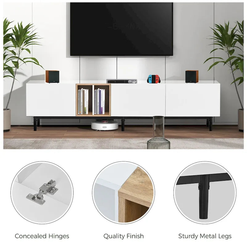 Mobile TV Bianco/Legno Naturale con Ante a Ribalta, Adatto a TV Fino a 80", Per 1-2 Utenti