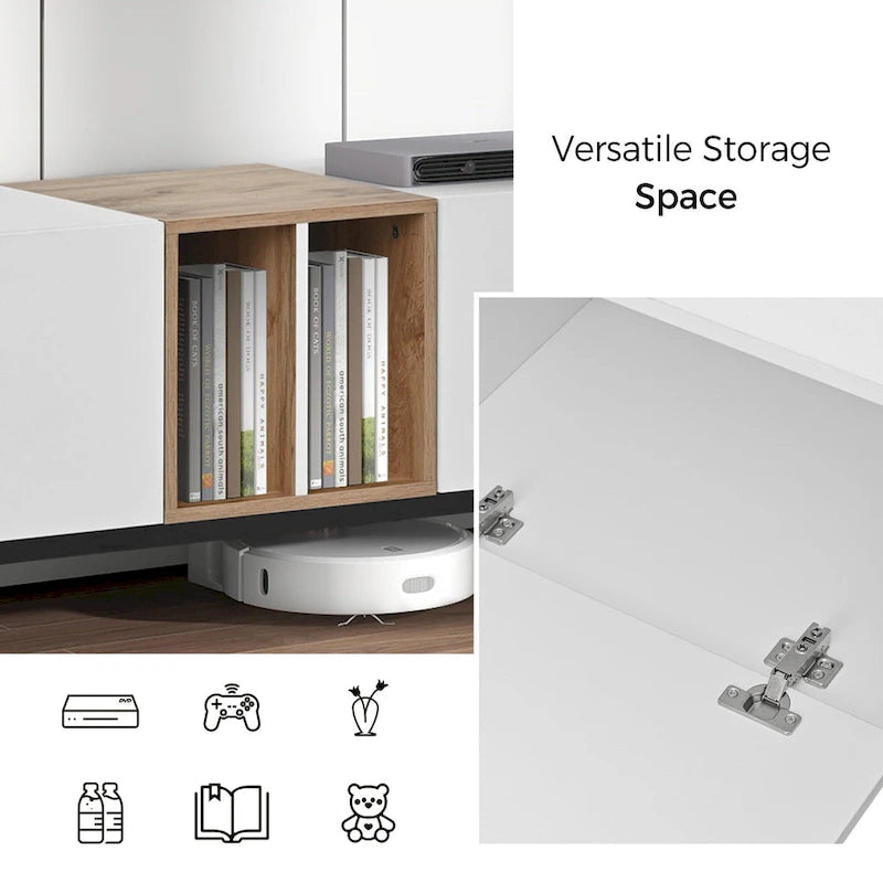 Mobile TV Bianco/Legno Naturale con Ante a Ribalta, Adatto a TV Fino a 80", Per 1-2 Utenti