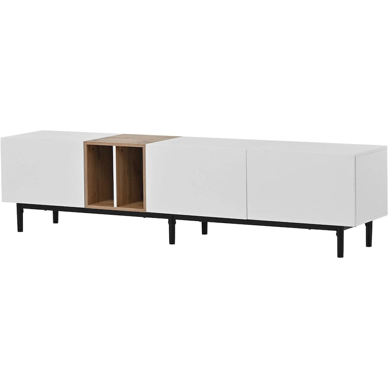 Mobile TV Bianco/Legno Naturale con Ante a Ribalta, Adatto a TV Fino a 80", Per 1-2 Utenti